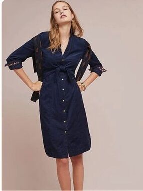 Maeve Anthropologie Corduroy Navy Button-Front Tie-Waist Midi Dress 8